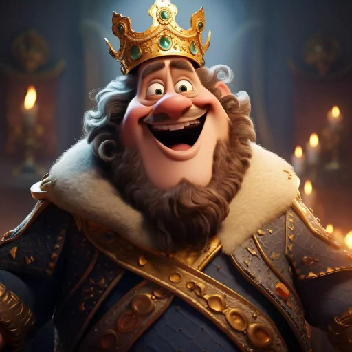Animated king avatar with a joyful expression, wearing a golden crown and regal attire, suitable for profile photo or profile picture use.
