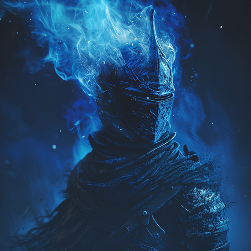 Blue warrior in Dark Souls style art.
