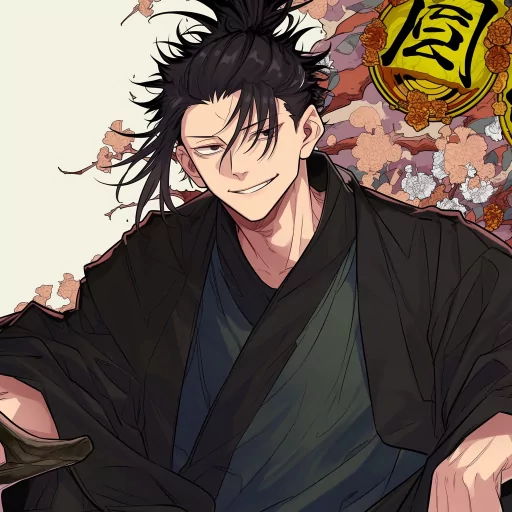Illustration of a smiling anime character with dark hair in traditional attire, used as an avatar for social media or profile picture, with a floral background and Asian motifs.