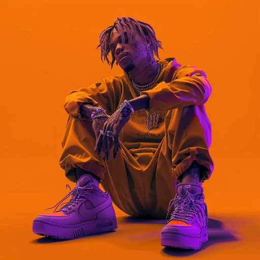 Digital illustration of a stylized male figure with braided hair, wearing an oversized orange hoodie and purple sneakers, sitting against an orange background, suitable for a Juice Wrld-inspired profile picture/avatar.