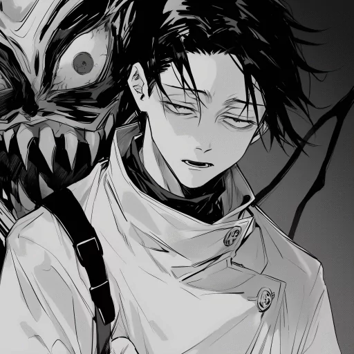 Monochrome anime style avatar of a character with a dark creature in the background, suitable for a Yuta Okkotsu profile picture.