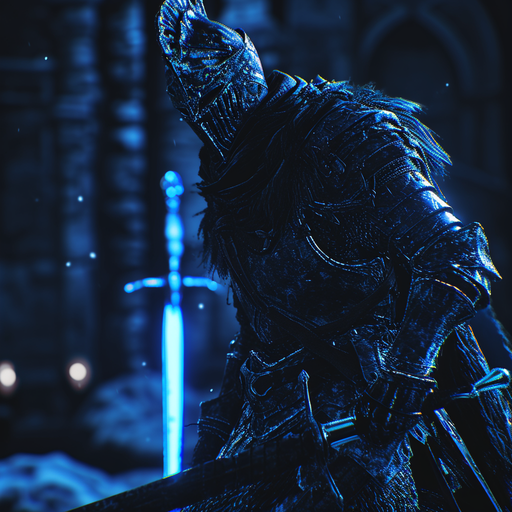 A mysterious warrior wearing blue gear in the style of Dark Souls.