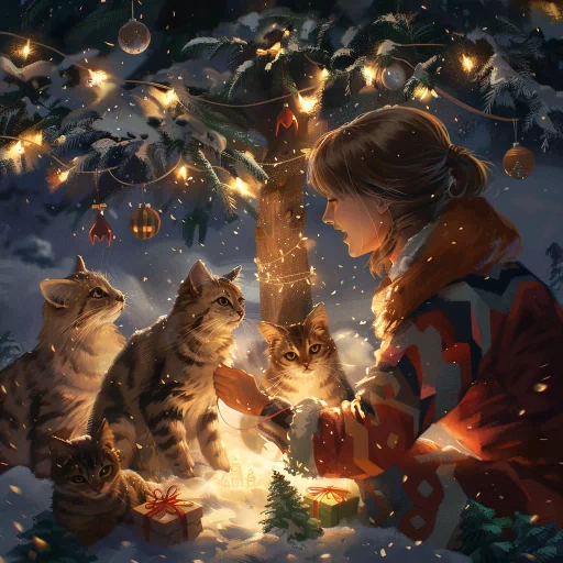 Christmas themed avatar with a person and three cats under a festive tree decorated with lights and baubles, evoking a warm holiday spirit.