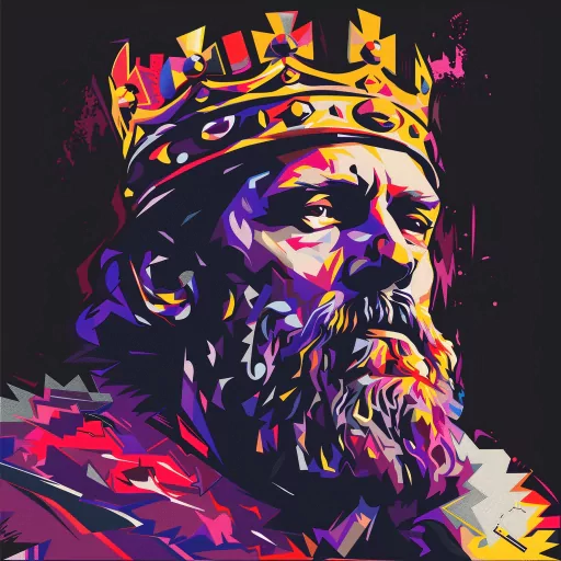 Colorful digital illustration of a king for a profile picture with a regal crown and a commanding expression.