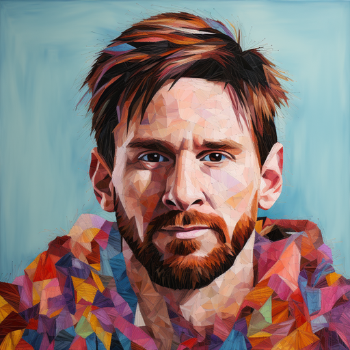 Portrait of a needlepoint artwork depicting Lionel Messi.