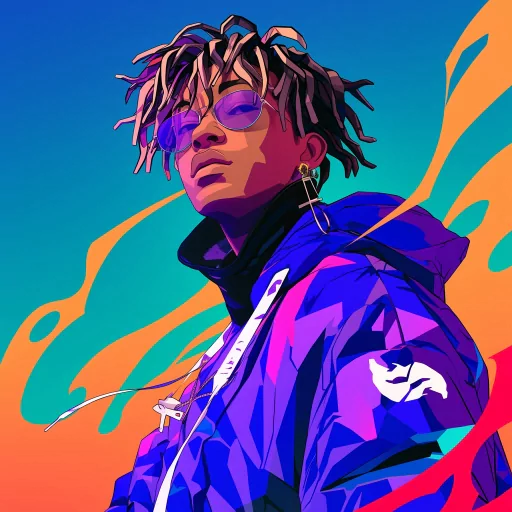 Colorful animated avatar of a male figure with stylish hair and sunglasses against an orange and blue background, suitable for a Juice WRLD-themed profile picture.