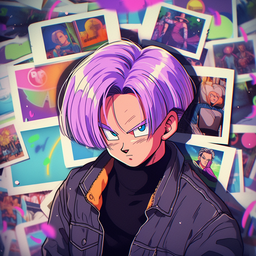 Trunks from Dragonball in a stylish polaroid image.