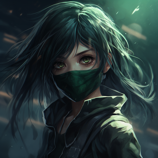Nightcore-style girl with dark green hair holding a face mask, representing a grunge aesthetic.
