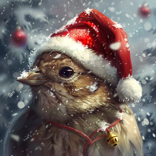 Alt Text: Christmas themed avatar of a bird wearing a Santa hat, adorned with snowflakes and festive decorations, perfect for a holiday profile photo.