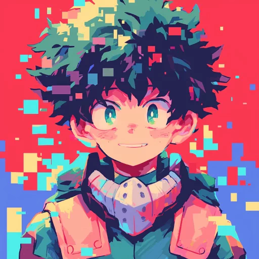 Colorful anime-style Deku avatar with bright pixelated background for profile photo.