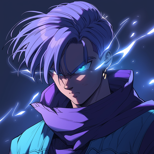 Trunks, the Dragonball anime character, with a vibrant and colorful background.