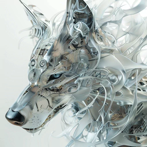Digital art of a metallic wolf avatar with intricate designs for use as a profile picture.