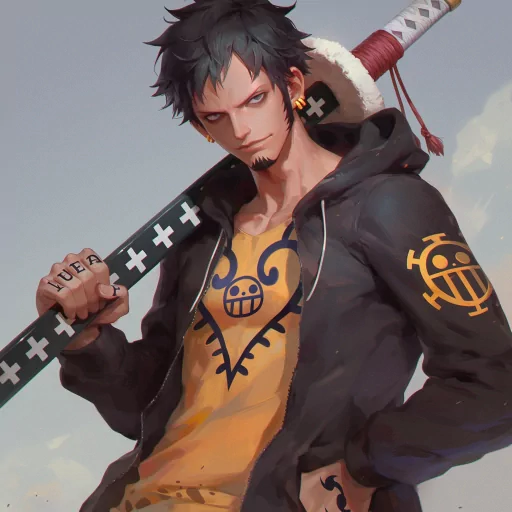 Digital illustration of an anime-style character with green hair, wearing a hat and a hoodie with unique symbols, posing confidently with a sword over the shoulder for a law-themed avatar.