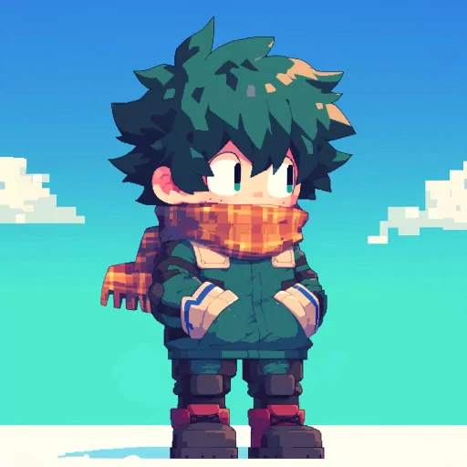 Pixel art avatar of a character with green hair and a scarf, suitable for a Deku profile picture.