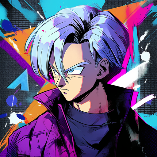 Dragon Ball-inspired maximalist pfp of Trunks in vibrant colors.