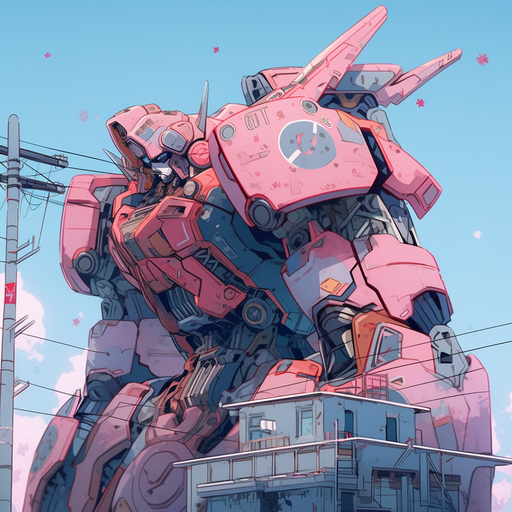 Colorful, retro style anime mech with 90's aesthetic.