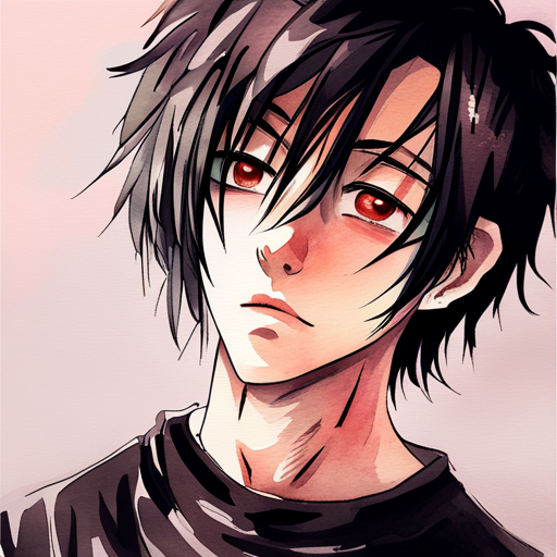 Watercolor portrait of a sad anime boy.