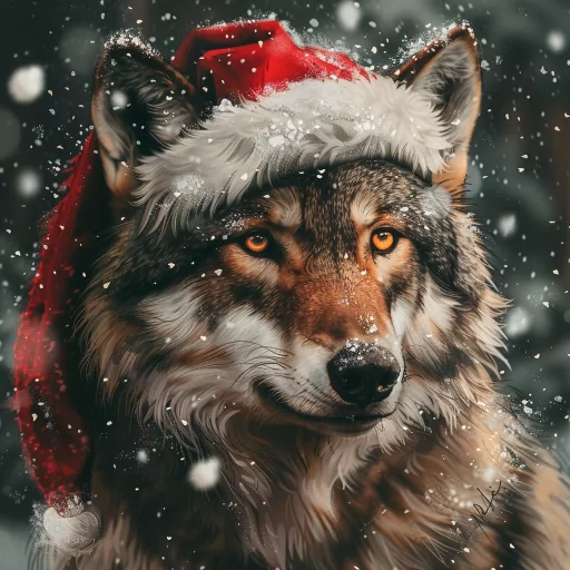 Festive wolf profile picture with a Santa hat in a snowy scene.