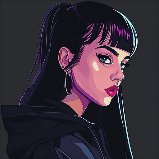 Emo girl with purple hair and black clothing, depicted in pixel art style.