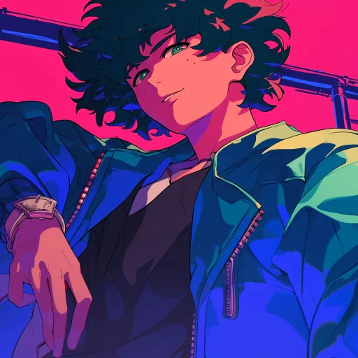 Stylish Deku avatar with vibrant pink and blue background for profile picture.