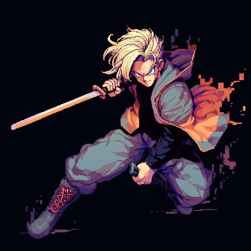 Pixel art Trunks from Dragonball, in a pfp style.