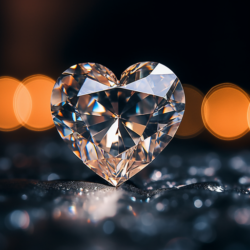Close-up of a heart-shaped diamond with bokeh background.