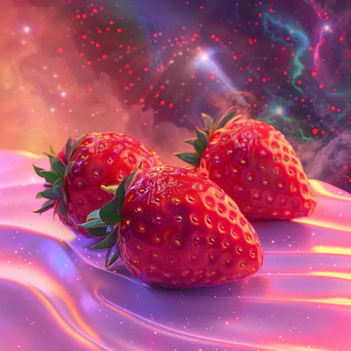 Vibrant strawberry avatar with a cosmic background for a profile picture.