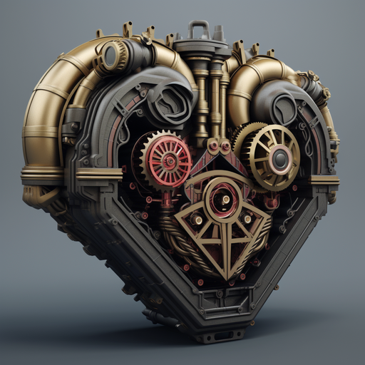 Heart engine with intricate details, matte colors.