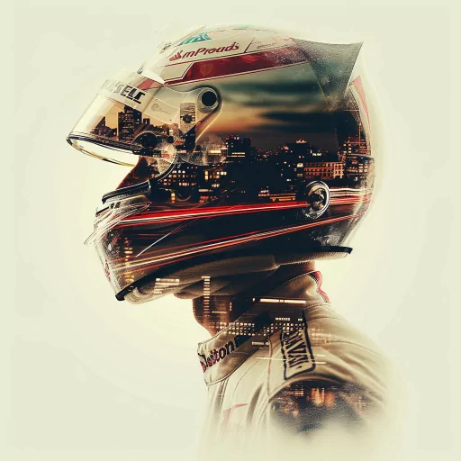 Formula 1 racing driver profile picture featuring a close-up of a helmet with reflective cityscape visuals.