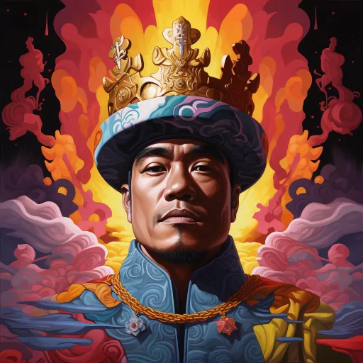 Illustration of a regal king avatar with a majestic crown, set against a fiery backdrop for a profile photo.