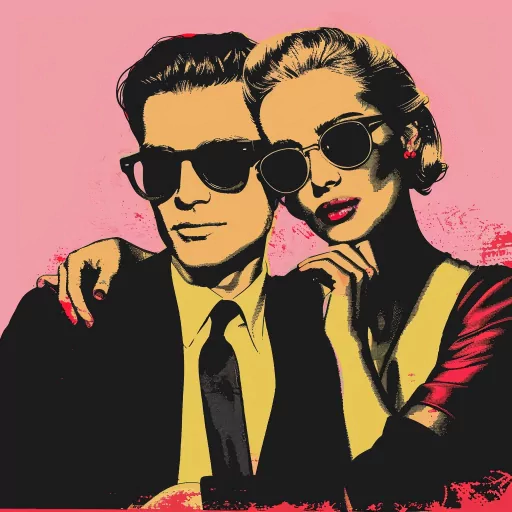 Stylish couple avatar with a retro pop art design, featuring a man in a suit and sunglasses with a woman in a dress and sunglasses, on a pink background.