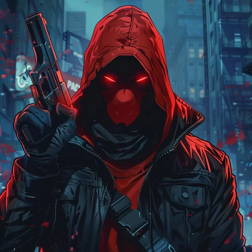 Stylized avatar of a person in a red hood with glowing eyes holding a gun, set against a city backdrop for a profile picture.