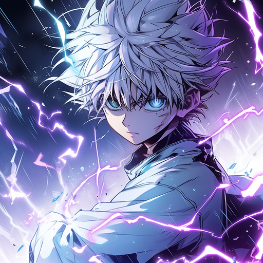Killua smiling, radiating confidence with sparks of electricity in the background.