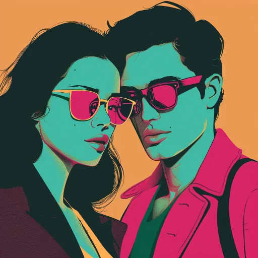 Stylish couple avatar with vibrant pop art design for profile photo featuring a man and a woman wearing cool sunglasses.