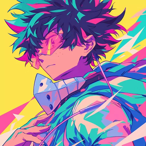 Colorful Deku avatar with vibrant abstract background for a profile picture.