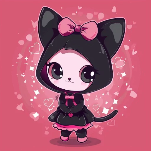 Cute Kuromi profile picture featuring the character in a charming pose with a pink bow, against a pink heart-filled background.