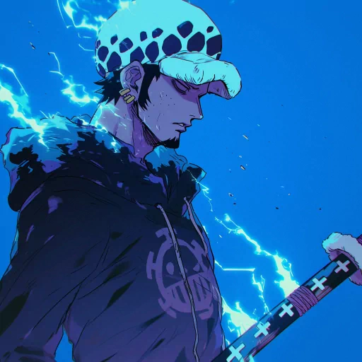 Stylish animated law enforcement avatar featuring a character with a distinctive spotted hat and a sword, set against a vivid blue background with dynamic lightning effects.