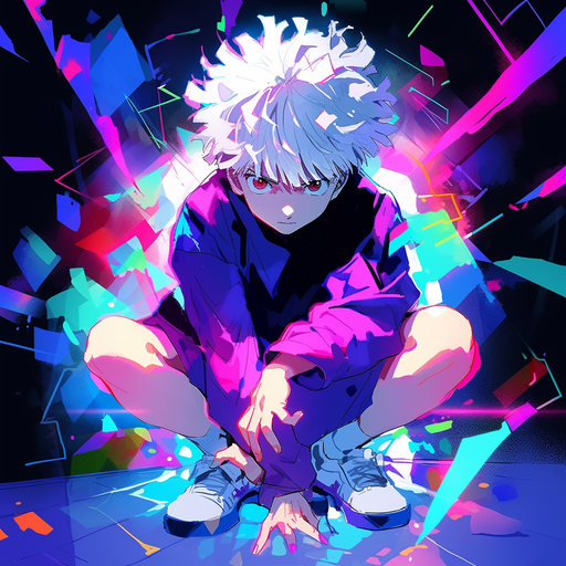 A portrait of Killua, a character with spiky white hair and a serious expression.