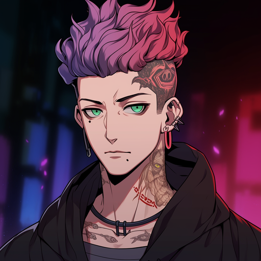 Smiling punk male with colorful hair and expressive facial features.