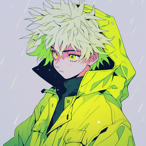 Electric green anime character with spiky white hair and wearing a confident expression.