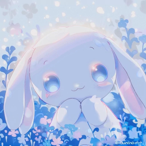 Cute Cinnamoroll avatar with a whimsical, pastel blue background of flowers and sparkles perfect for a profile photo.
