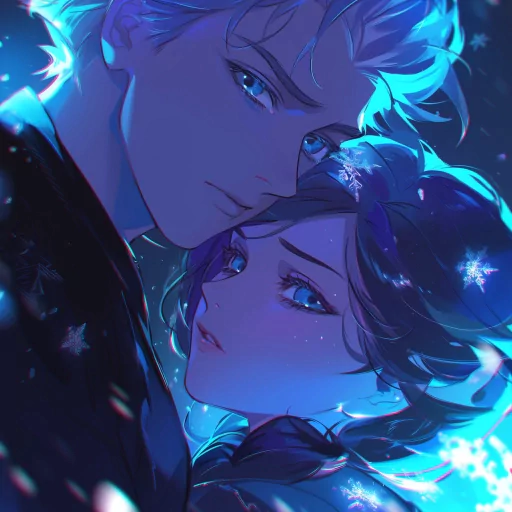 Couple avatar with an illustrated man and woman close together, styled in striking blue tones with star-like sparkles, ideal for profile pictures or pfps.