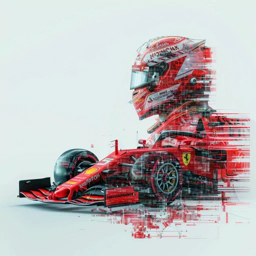 Digital avatar of a Formula 1 race car and driver helmet in artistic red overlay design, ideal for a profile photo.