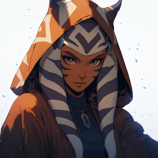 Ahsoka Tano from Star Wars with a calm expression, standing against a colorful background.