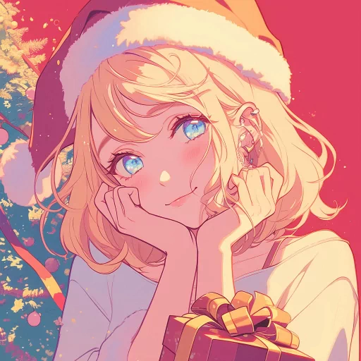 Christmas-themed anime profile picture featuring a character with blue eyes wearing a Santa hat and holding a gift box.