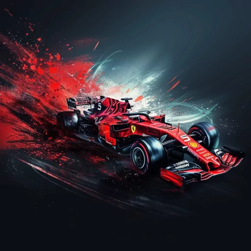 Dynamic Formula 1 racing car avatar with a vibrant red and black color scheme and abstract art splashes, ideal for a profile photo or racing enthusiast's pfp.