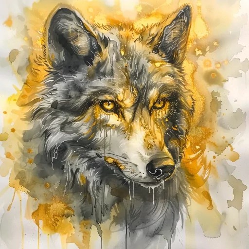 Intricately detailed wolf avatar with vivid amber eyes set against a dynamic yellow and orange watercolor background, perfect for a profile picture or personal branding.