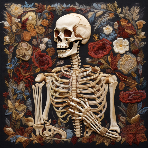 Colorful needlepoint skeleton art.