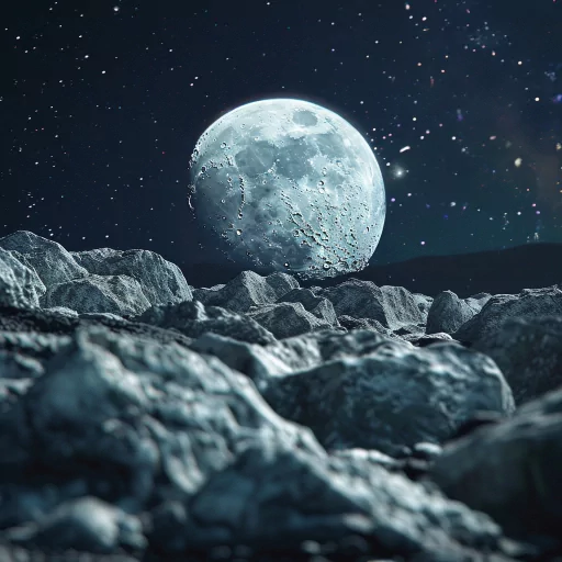 Moon profile picture featuring a detailed lunar surface rising above a rocky terrain against a starlit sky.