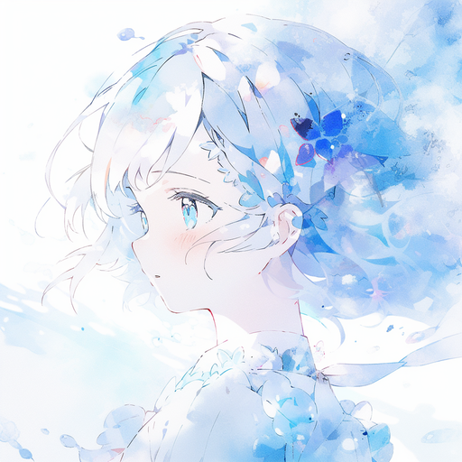 Blue watercolor anime girl portrait.